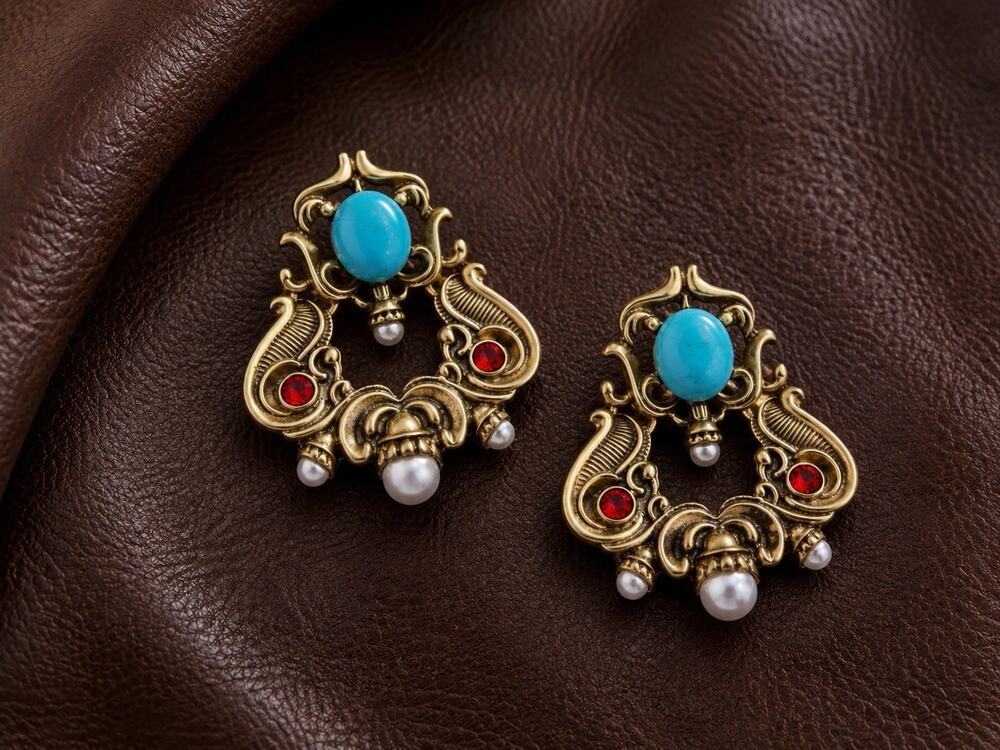 Antique Pearl Turquoise Earrings Flower Museum Palace Court Gold VTG Baroque Art